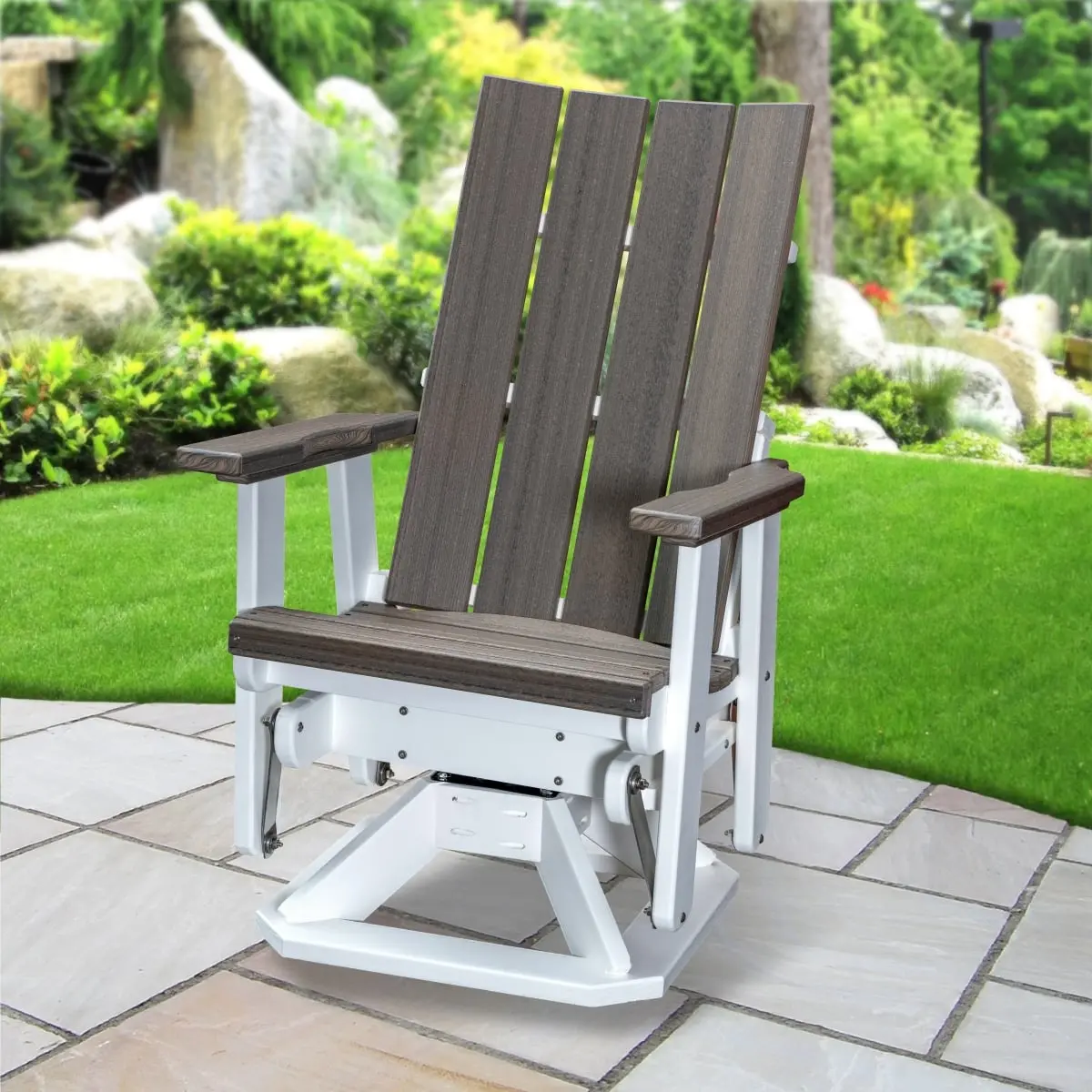 212 MAIN Brandon Single-Seat Amish-Crafted Outdoor Swivel Glider Chair (Model 410CGWT) - Rugged High-Back, Coastal Gray 95% Recycled Poly Upholstery, White Stainless Steel Base, Durable Outdoor Furniture, Wood Grain, 25 lbs, 33 in.(l)x27 in.(w)x47 in.(h)