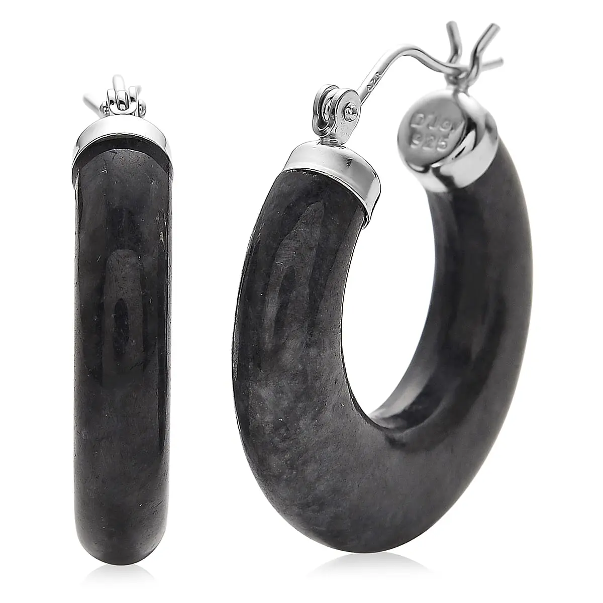 Natural Black Jade 35.00 ctw Hoop Earrings in Rhodium Over Sterling Silver
