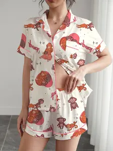 Women's Sleepwear Set, Cute Monkey Pattern Short Sleeve Button-Up Top & Elastic Shorts, Casual All-Season Home Wear, Party