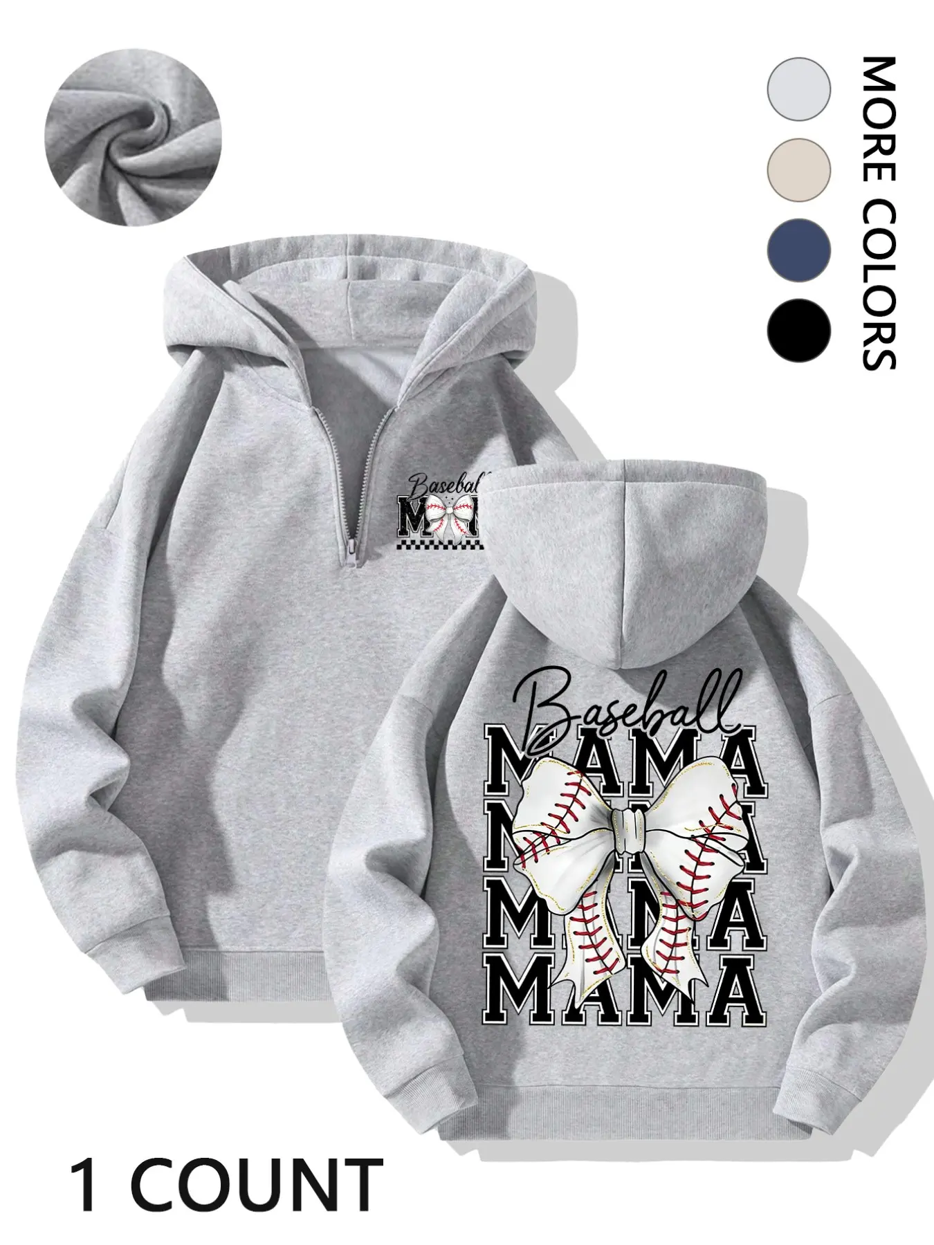 Women's Heather Gray Half-Zip Long Sleeve Hoodie - Womenswear Baseball Mama with Baseball Bow Custom Print, a loose and casual style hoodie with printed Graphic patterns on both the front and back, Sweatshirts