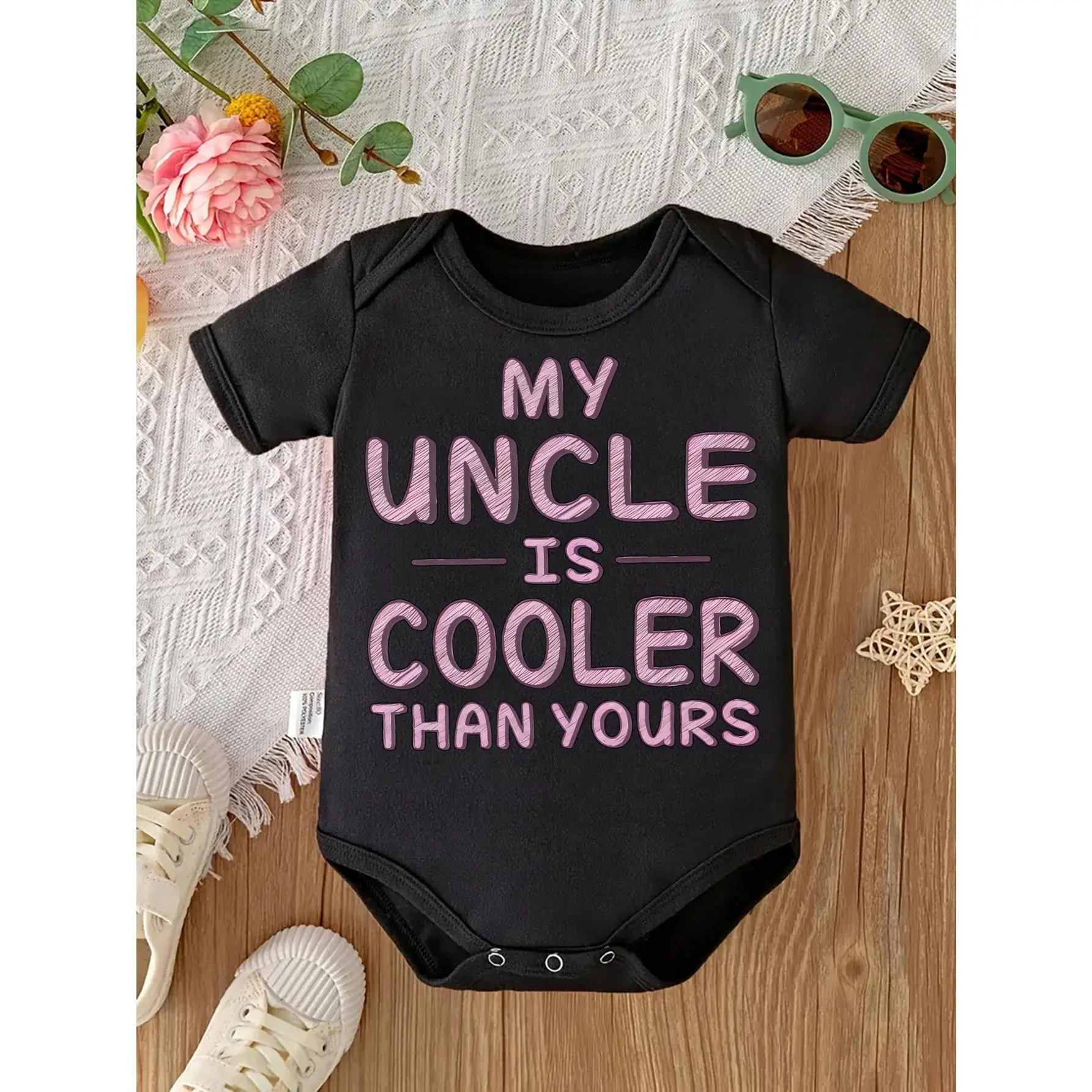 Cute Baby Bodysuit With My Uncle Is Cooler Than Yours Print Soft Versatile Round Neck Button Detail Regular Fit All Seasons Knitted Fabric Onesie For 0-12 Months