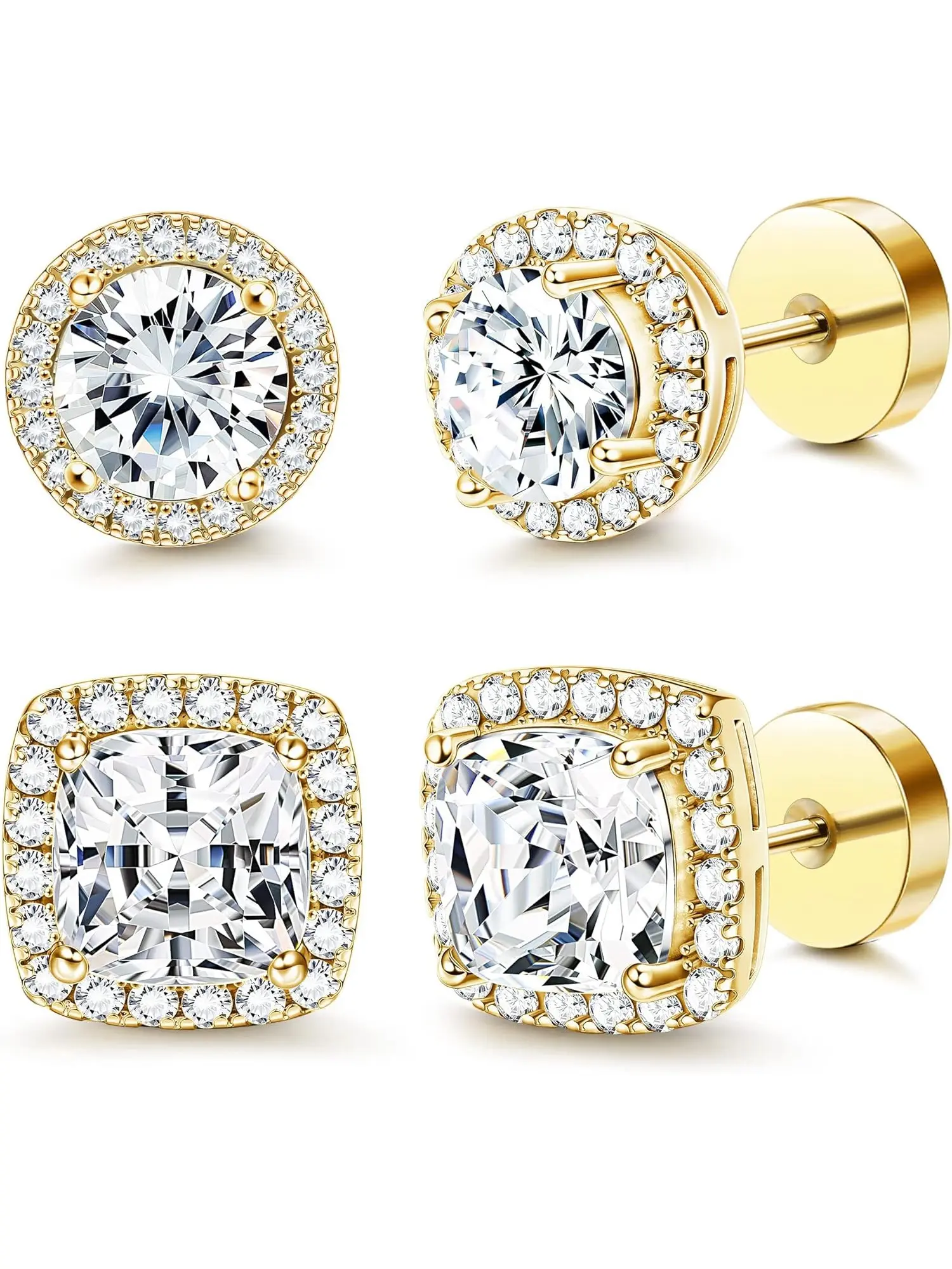 4 Pcs 14K Gold Plated Flat Back Stud Earrings Set for Men Women Large Big Round Square Cubic Zirconia Stud Earrings Mens Earrings Flatback Earrings Trend Jewelry Gifts, Stackable Earrings, Earring Stacking Set, Earrings Studs