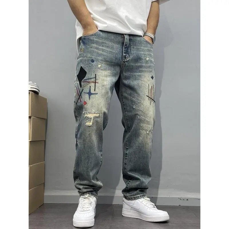 Men's Washed Vintage Distressed Patchwork Embroidered Straight-Leg Trousers - High Street Menswear, Multi-Size Stylish Apparel, Best Quality Model-A9728, Gift Item