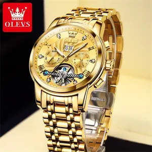 OLEVS Men Automatic Watch Skeleton 5 Hands Mechanical Classic Luxury Multi Calendar Stainless Steel Waterproof Wrist Watch for Men