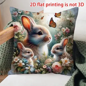 Easter Themed Bunny Pillow Cover, Watercolor Rabbit Butterfly Floral Design, Vintage Square Single-Sided Pillowcase for Home Decor