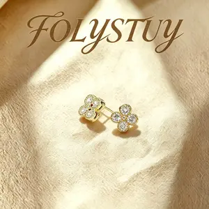 [14mm diameter][FOLYSTUY (C0074/C0075)] Four-petal flower inlaid with green/white gemstone earrings, unisex fashion accessory, Christmas gift