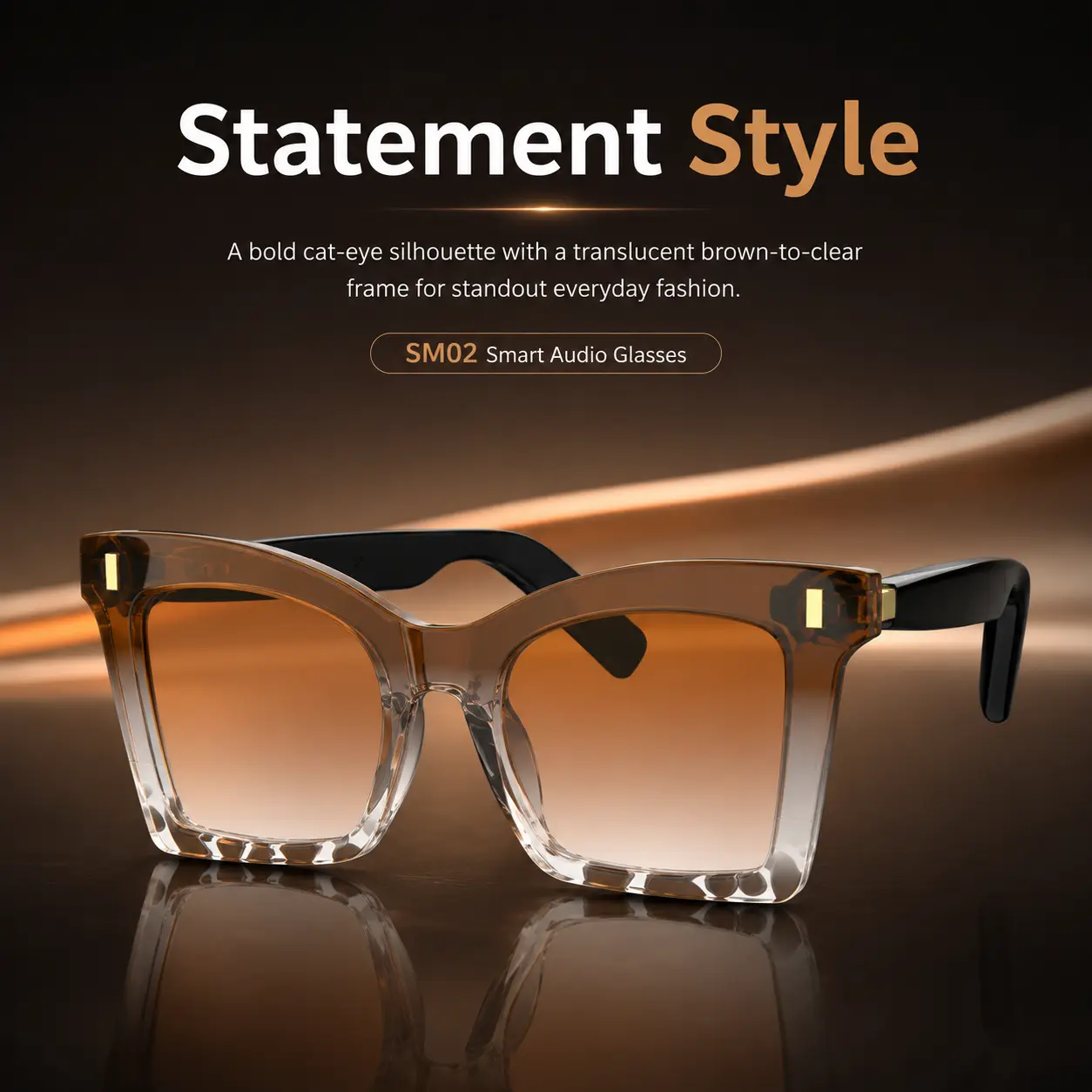 Smart Wearable Bluetooth Glasses - Bold Modern Square Frame with Gradient Brown-Clear Transparent Frames, Tinted Lenses, UV Protection Function