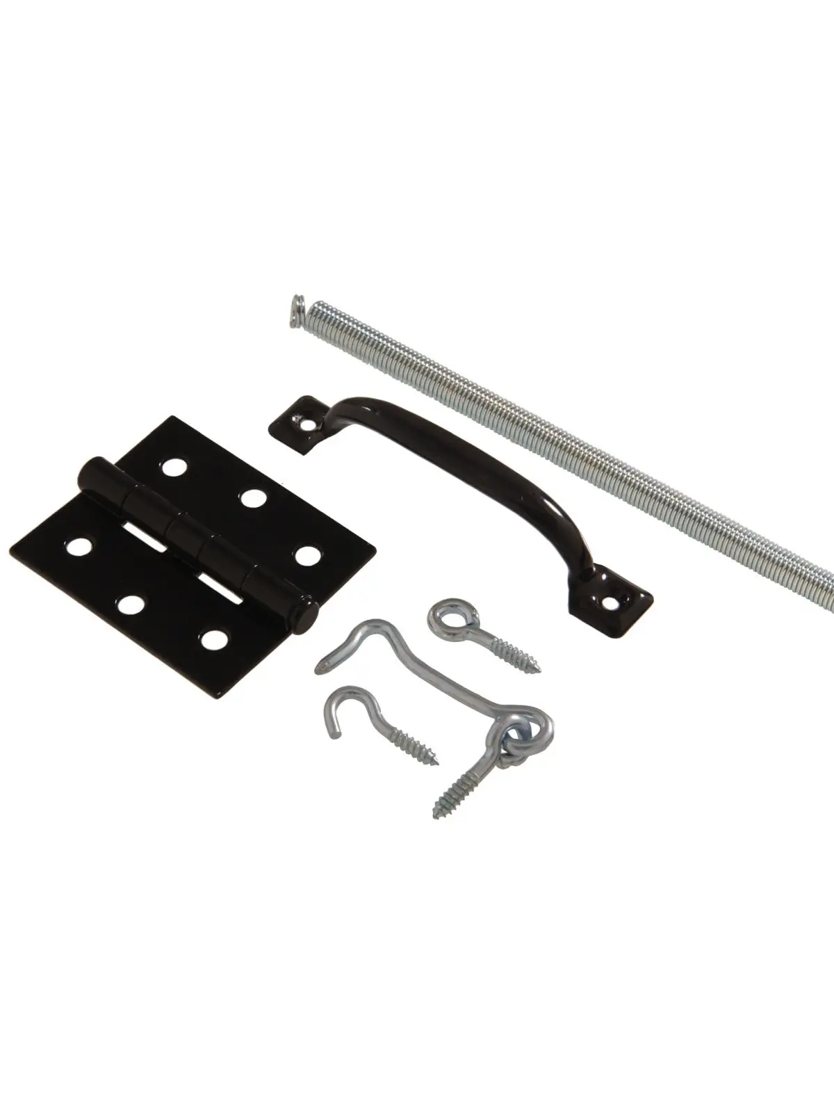Hillman Group 853123 Black Metal Screen Door Hardware Carded Pack, 6.9 x 10.5 x 12.2 in, 1.08 lbs, Includes Screen Door Pull, #4 Zinc Plated Spring (1), 2-1/2" Zinc Plated Gate Hook & Eyes (1), 2 Black Hinges for Entryways