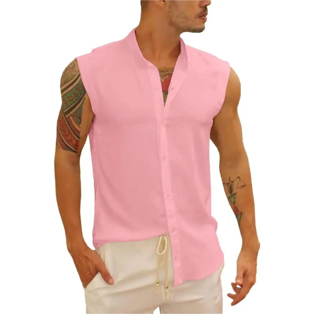 PASLTER Men's Sleeveless Button-Down Kurta, Casual Stylish Menswear, Airy Linen-Cotton Summer Beach Top, Breathable Men's Clothes, Basic Tank Clothing Set