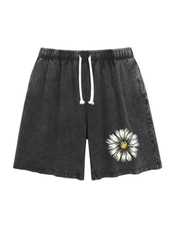Drawstring Lounge Shorts, Stylish Vintage Acid Wash Printed Cotton Blend Streetwear, Unisex Baggy Fit with Pockets, Casual, Menswear Distressed Casual Grey Sweat Shorts, Christmas, Thanksgiving, Easter, Valentines Day