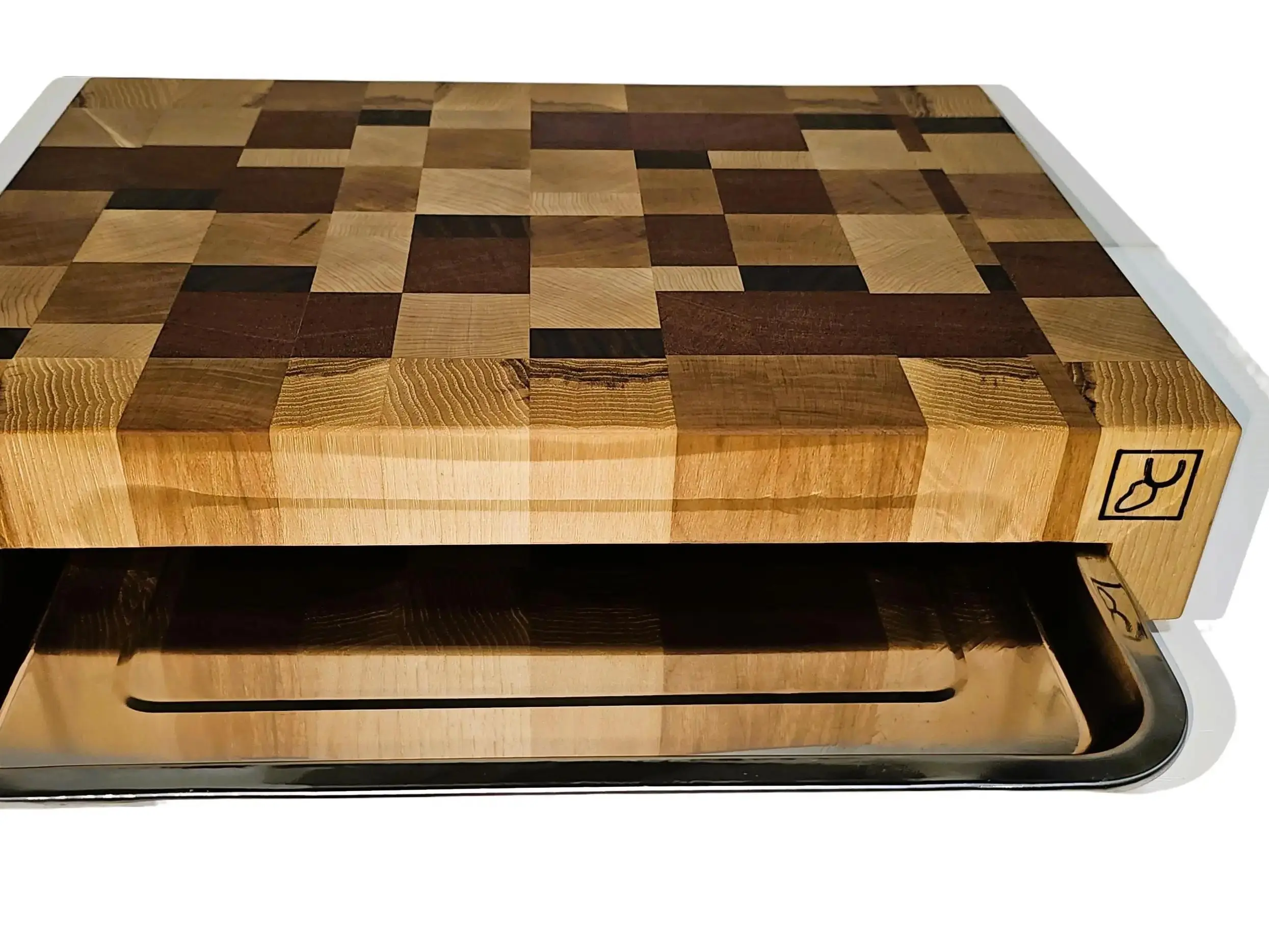 The Guttman Elite Chef End Grain Butcher Block with Stainless Steel Tray