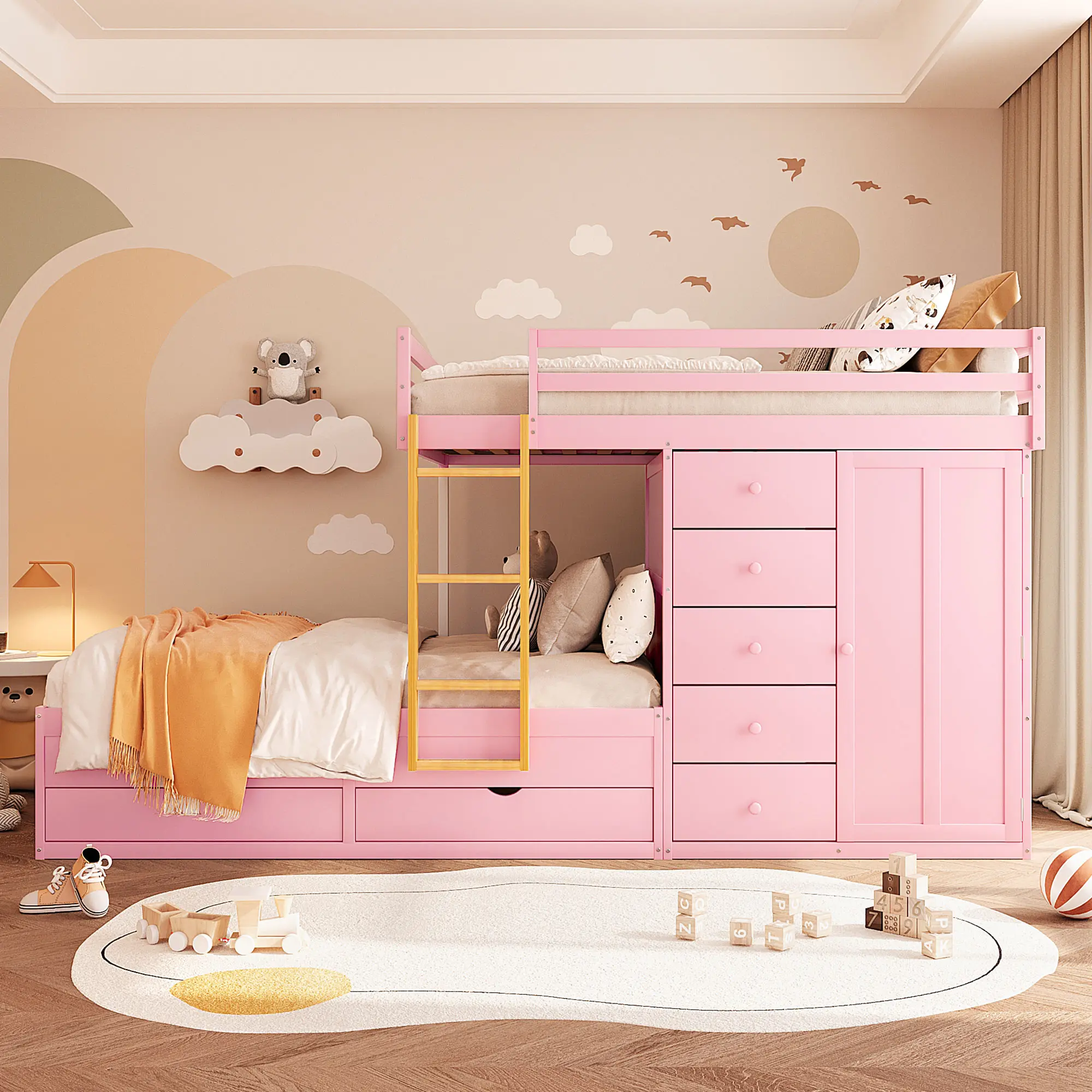 Bellemave Full-Size 2-Levels Bunk Bed Frame, Kids Indoor Furniture Bedroom Piece, MDF & Solid Wood Construction, Sakura Pink, Versatile Storage with 2 Large Drawers, 5 Small Drawers & Mini Wardrobe, Two Levels