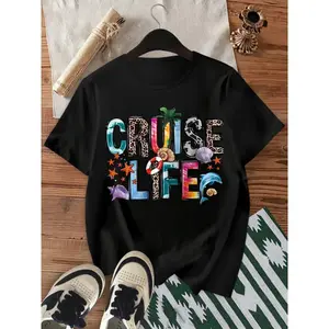"CRUISE LIFE" Letter Print Top: Cotton loose sporty cute elegant stretch home casual crewneck short sleeve with dolphin, shell, lifebuoy and star leopard print, suitable for casual occasions Slim Fit oversized tshirt women vintage graphic tees