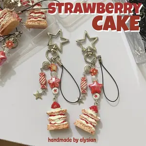 [NEW] Strawberry Cake Charm Strap – Handmade Beaded Phone/Bag Accessory - Christmas Gift