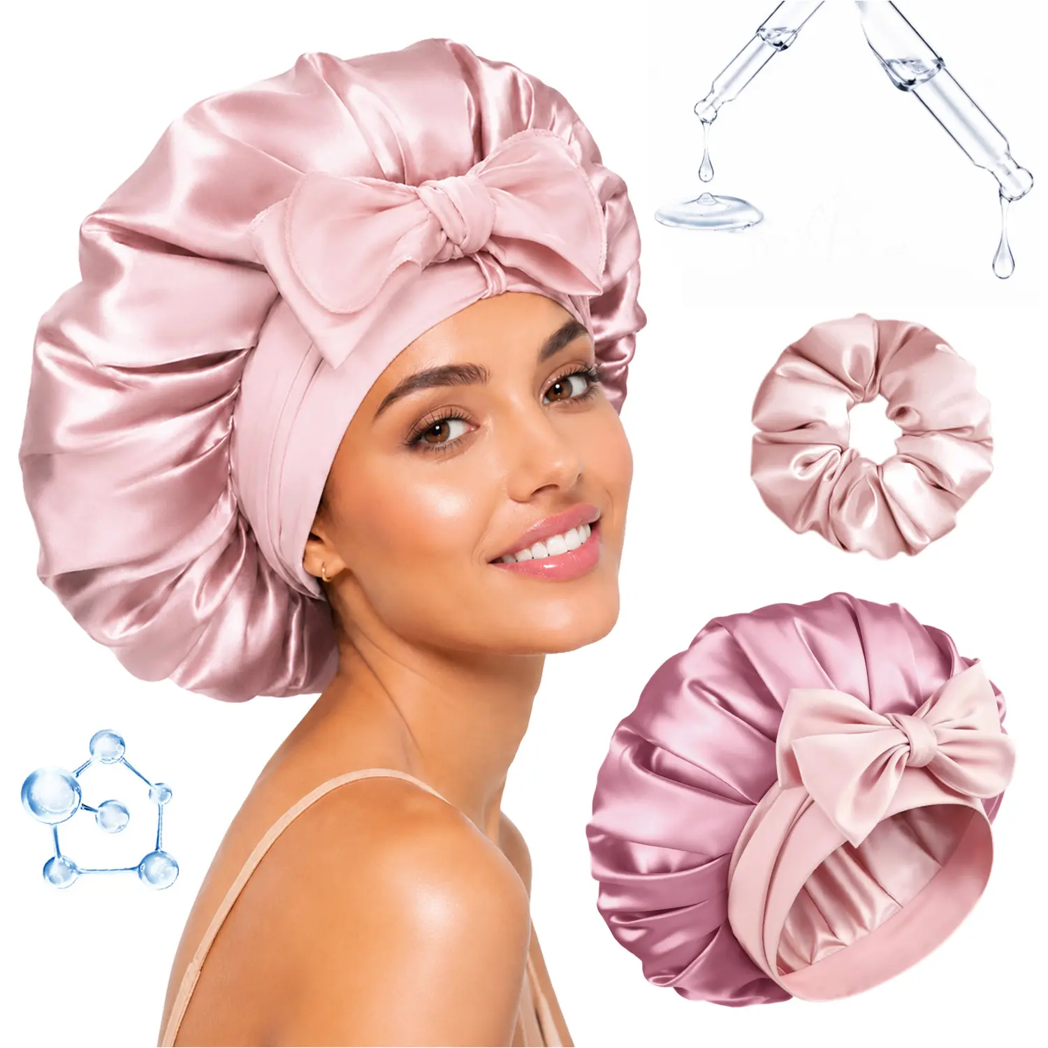 BONNET QUEEN Women's Satin Bonnet Hat for Curly Hair - Pink Champagne/Rose Gold, Hyaluronic Acid Double Filler, Adjustable Reversible Elastic Band with Scrunchie, Machine Washable Anti-Frizz Heatless Smooth Haircare Accessory Gift Idea summerwins,summerwi