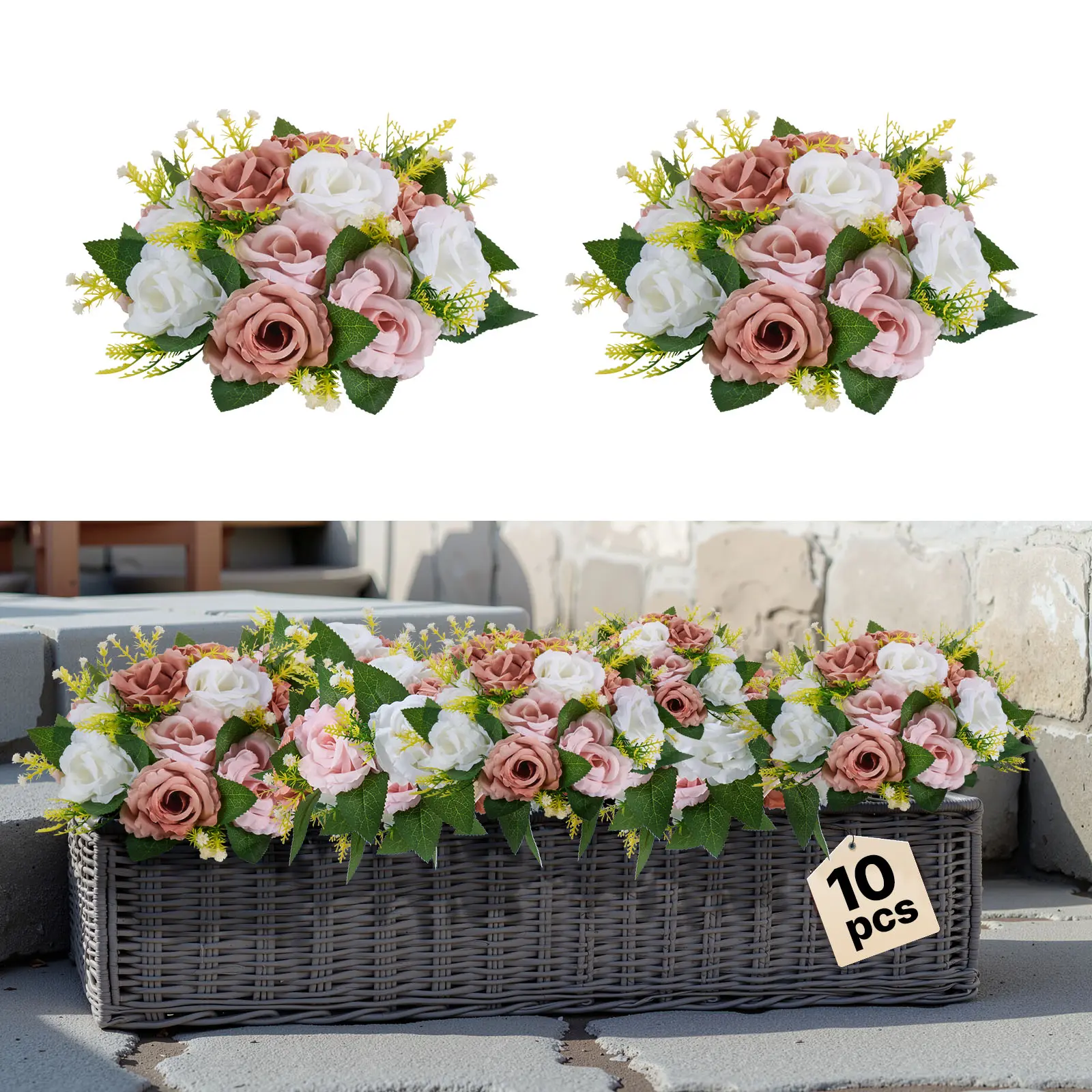 【SummerFinds】VEVOR 10PCS Silk Artificial Floral Arrangements Set, 9.5-Inch Decorative Flower Balls, Pink & White Rose Bouquets for Wedding Table Centerpieces Home Decor, Bouquet-Shaped Artificial Flowers