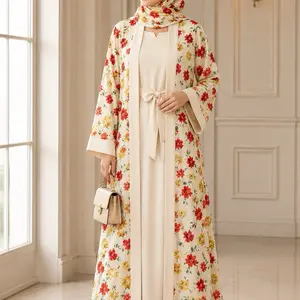 Women's Traditional Style Elegant Islamic Abaya Set - 4-Piece Printed Floral Design with Inner Scarf, Belt, Modest Dresses, Modest Women Clothing, Elegant Traditional Abayas