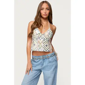 Embroidered Sequin Backless Top