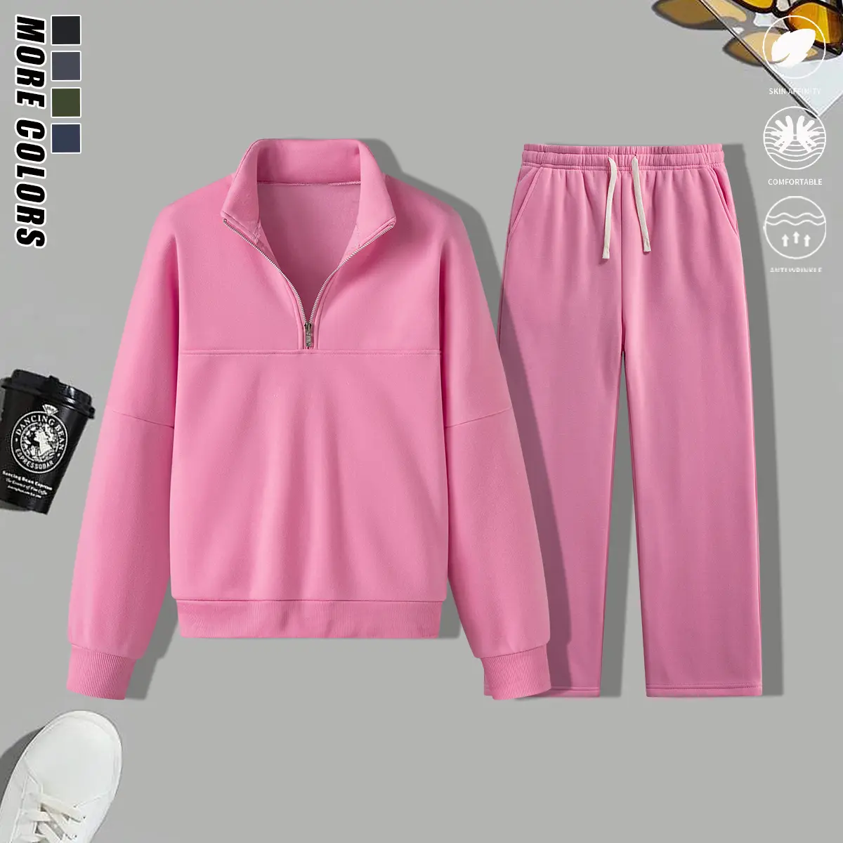 Women’s casual athletic set featuring wide-leg pants and a relaxed half-zip sweatshirt; solid color, loose fit; suitable for outdoor activities and everyday wear; women’s set, sweatshirt set, womenswear.,sohochic
