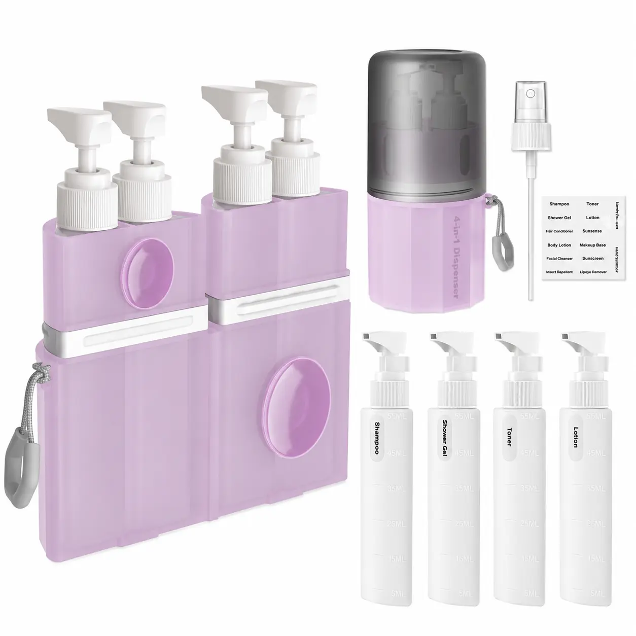 4-in-1 Compact Silicone Lotion Travel Dispenser Bottle Set - Pink PP Toiletry Bottles with Foldable Wall Mount Suction Cup Holder, Home Supplies
