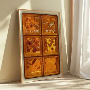 Amber Glass Tile Wall Art - Retro Orange Abstract Poster - Warm Textured Grid Print - Modern Minimalist Home Decor Unframe