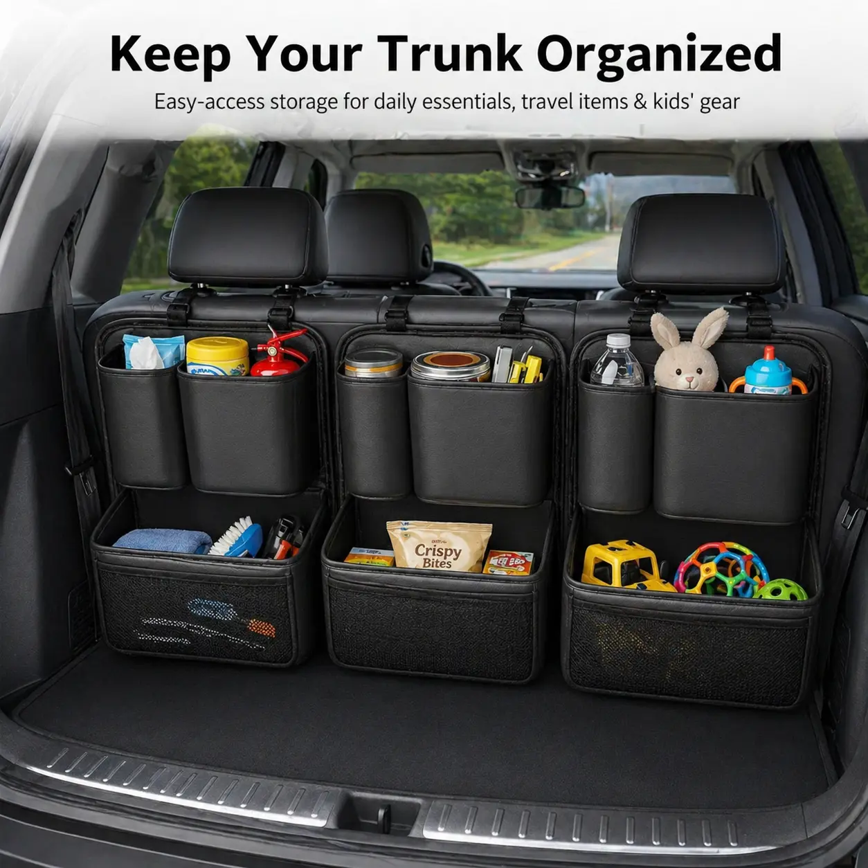 PU Leather Car Trunk Organizer - Multi-Pocket Storage, Adjustable Straps, Bottle Slots, Snug Fit Universal Car Accessories for Auto Interior Stowing & Tidying Travel Use, Accessories For Car