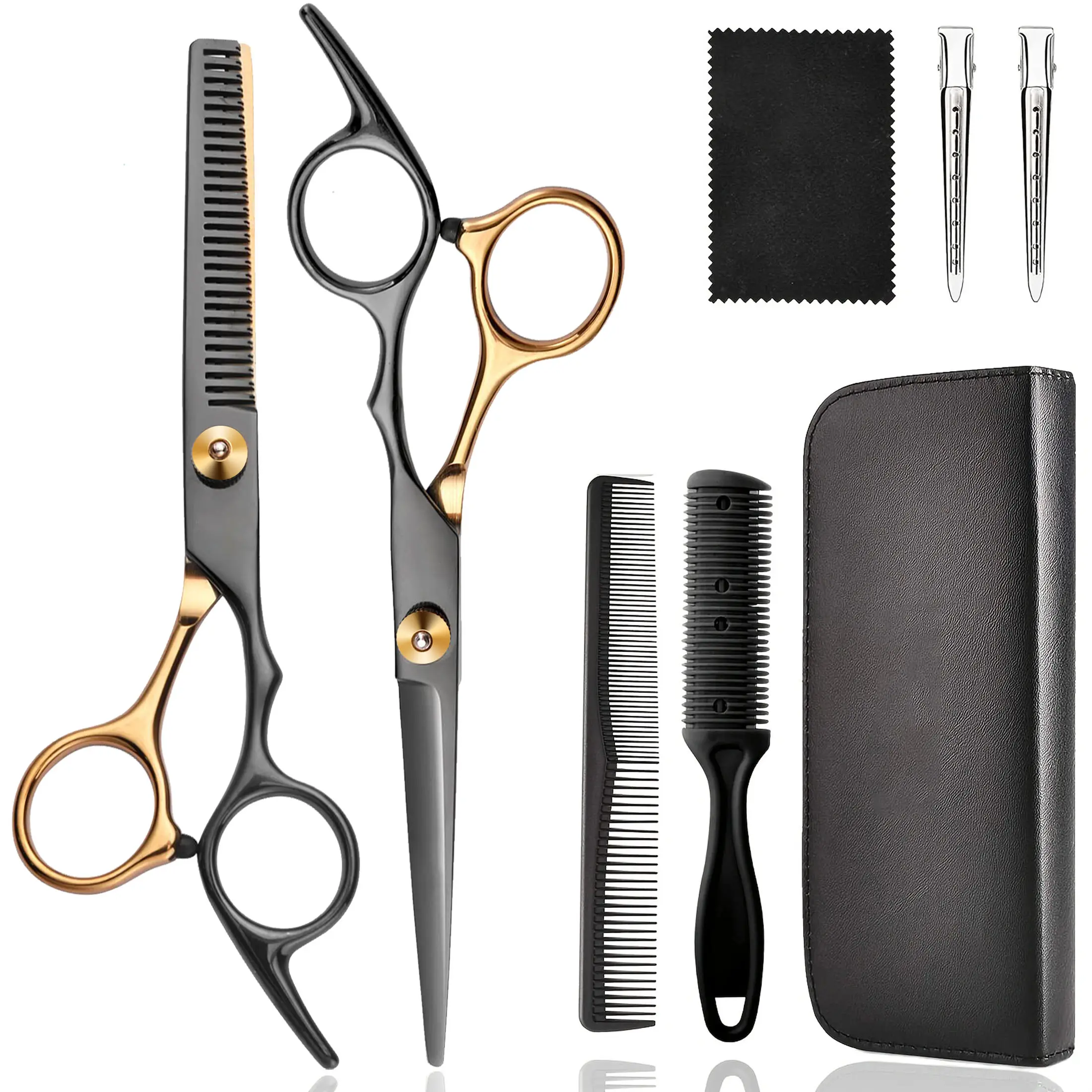 Professional Barber Scissors Set with Thinning Scissors，Professional Hair Cutting Scissors Kits 8 Pcs Stainless Steel Shears Set for Barber Salon Home Men Women Kids Adults Black Gold Design Versatile Hair Tools Accessories