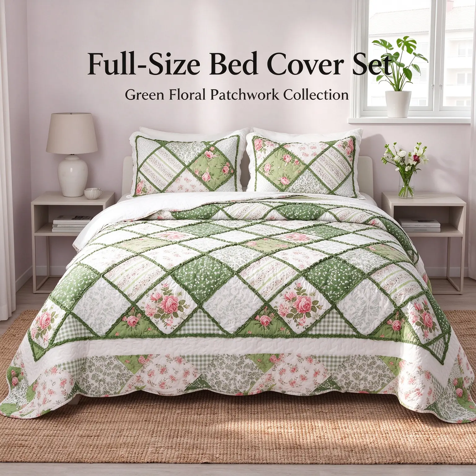 Green Patchwork Quilt Set - 3-Piece Polyester Bedspread with Floral Patterns and Green Accents