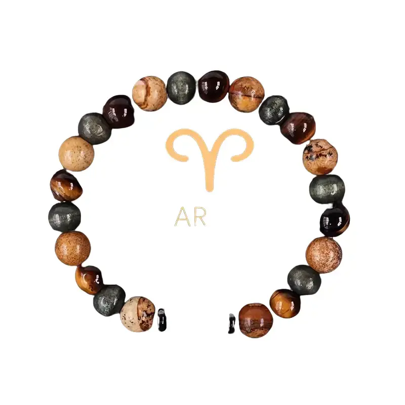 Unisex 1-Piece Zodiac Natural Stone Stackable Bracelet - Tiger Eye Print, 3D Red Rose Petal Heart, Aries Symbol, Unique Workmanship, Fashionable Jewelry - Birthday, Ceremony Gift for Festive & Party Supplies