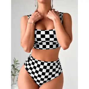 Women's high waisted bikini set with black and white checkerboard print square neck, wide shoulder straps, exposed navel, side pleats, round neck, controlled high waist, moderately slim fit, two-piece swimsuit, 2026 fashionable beach vacation, swimming po
