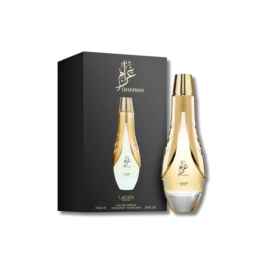 Lattafa Gharam Eau de Parfum Spray, Elegant Aromatic Amberwood Perfume with Pear, Praline & Musk Notes, 100 ml (3.4 oz), Aromatic Amberwood Fragrance, Elegant Perfume, Edp Perfume Fragrance