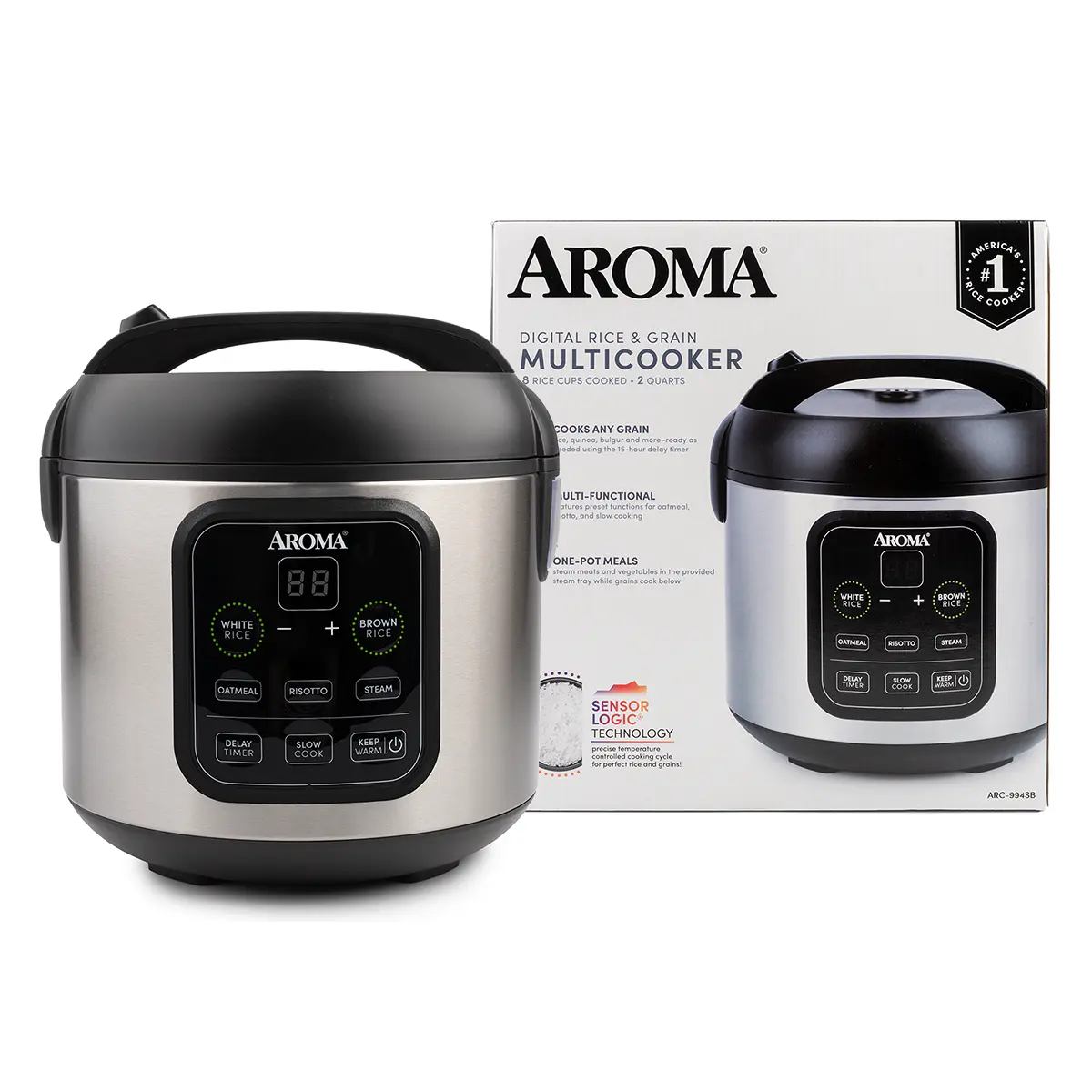 AROMA Digital Rice & Grain Multicooker, 8-Cup (Cooked) / 2Qt, Rice Cooker, Steamer, Slow Cooker, Stainless Steel (ARC-994SB)
