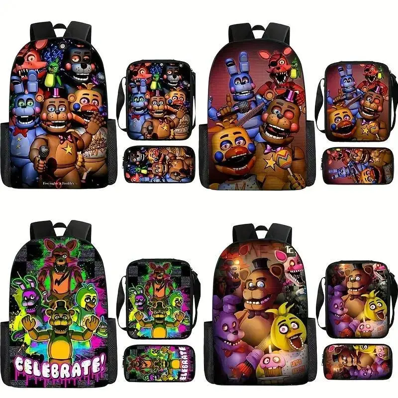 Kids' 3-Piece 5 Nights at Freddy's Printed Art Backpack Set - Insulated Lunch Bag, Pencil Case Included, Adjustable Breathable Shoulder Straps, Lightweight Spacious Unisex Kids Backpack for School Look Daily Use Bags