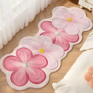 1pc Ins Cream Style Flower Shape Irregular Bedside Strip Carpet Pink Bedroom Decoration Decorative Floral Rugs Area Rug Plush Fluffy Soft Living Room Washable Blue Carpet Warm Cloakroom Lounge Study Non-slip Floor Mat