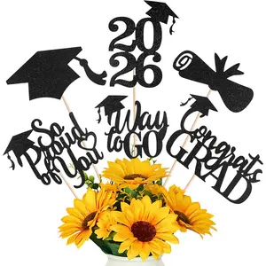 Graduation Decorations 2026, 24 count Class of 2026 Double-Sided Centerpieces with Sticks, Black Glitter Grad Table Toppers and Party Supplies for Cake or Photo Booth