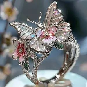 Exquisite Shiny Water Drop Oil Butterfly Flower Women's Open Pink Ring