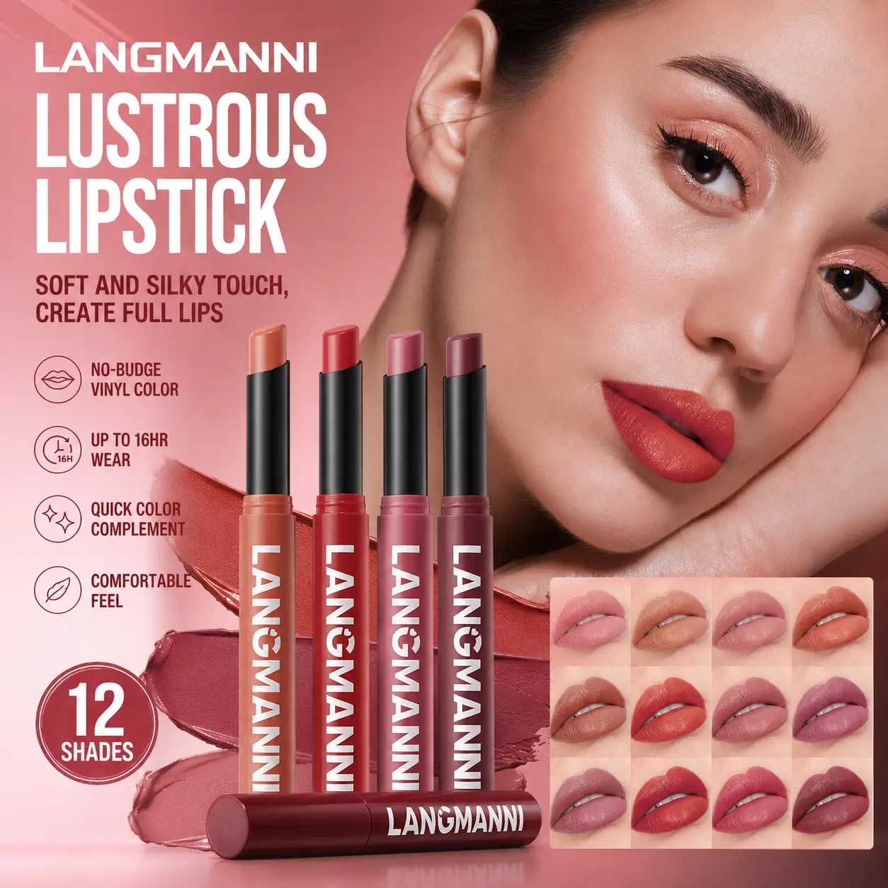 LANGMANNI Matte Lipstick, 16HR Long Lasting Waterproof Non-Stick Cup Velvet Lip Crayon, High Pigmented Silky Non-Drying Lip Makeup Cosmetics for Daily & Party Looks