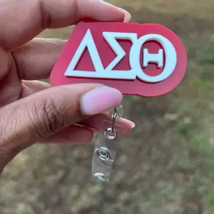 Delta Sigma Theta Sorority Badge Reel - Red and White Logo with Clear Retractable Alligator Clip or Belt Clip for Identification