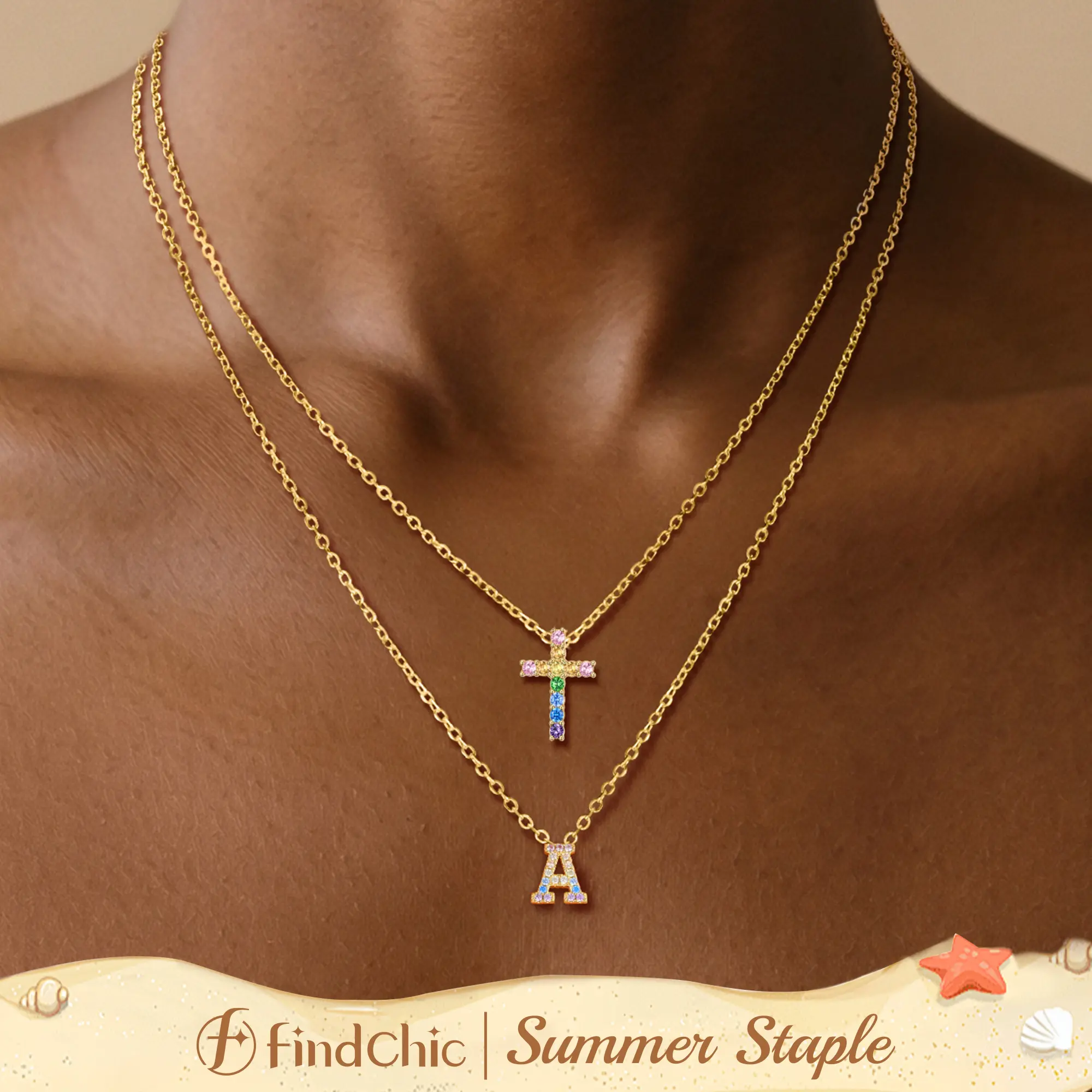FindChic fp9793 Women's 14-Gold-Plated Initial Cross Design Necklace Set, Colorful Cubic Zirconia Dainty Letter Pendants, Gold-Silver Stainless Steel Jewelry, Gift Ideas for Women