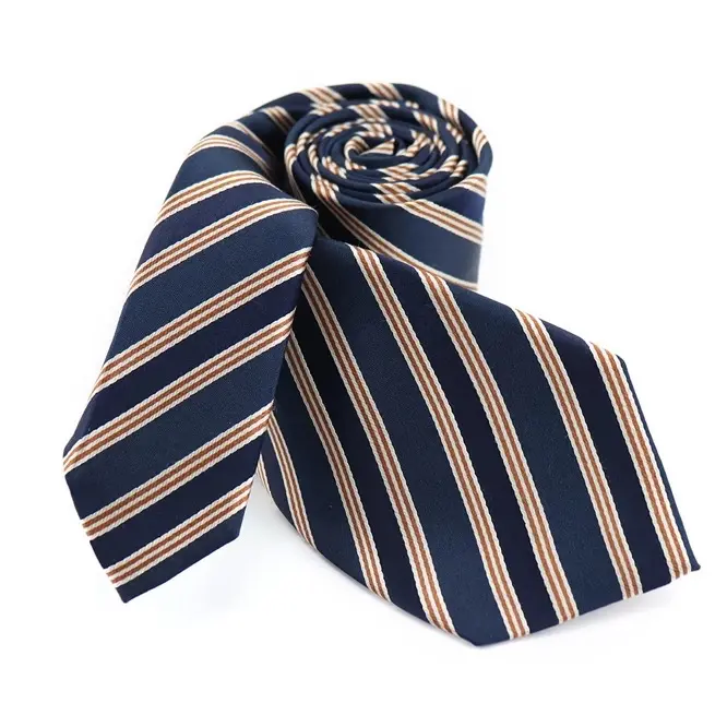 HERA Navy Blue and Beige-Gold Striped 7 Fold Mulberry Silk Hand Made Men's Necktie Made in Italy