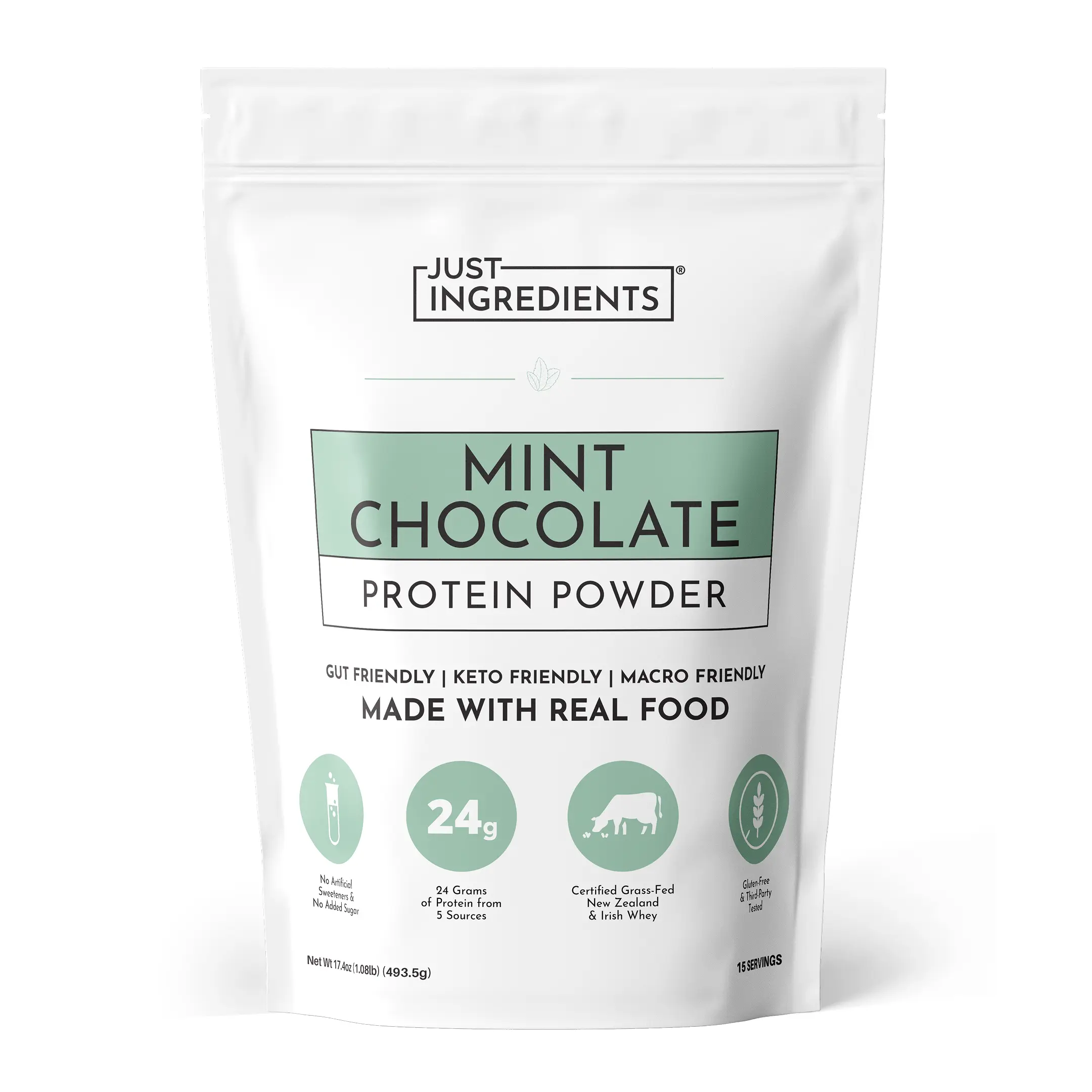 Just Ingredients Mint Chocolate Protein Powder – 15 Serving Bag – Grass-Fed Whey & Plant Protein Blend with Real Cocoa & Peppermint –Sweetened, Non-GMO, Gluten-Free, No Artificial Flavors