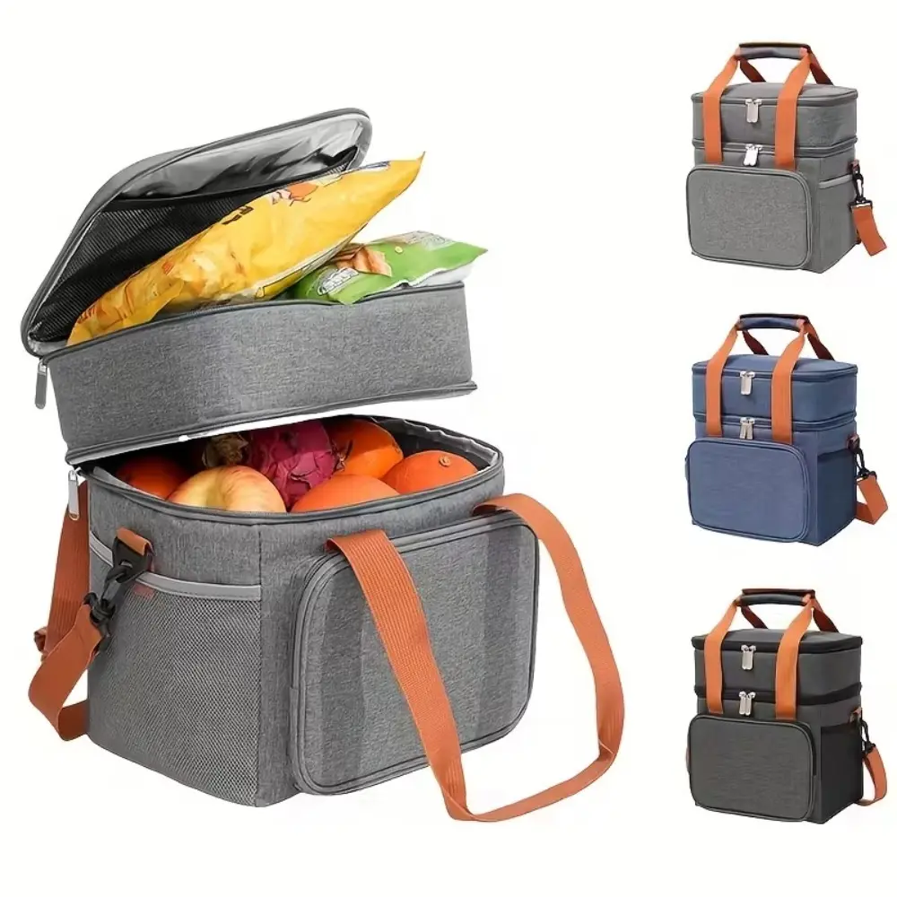 Durable Lunch Box, Large Capacity Double-Layer Insulated Bag with Shoulder Strap for Travel Meal Storage, Work & Picnics, Durable Lunch Bag