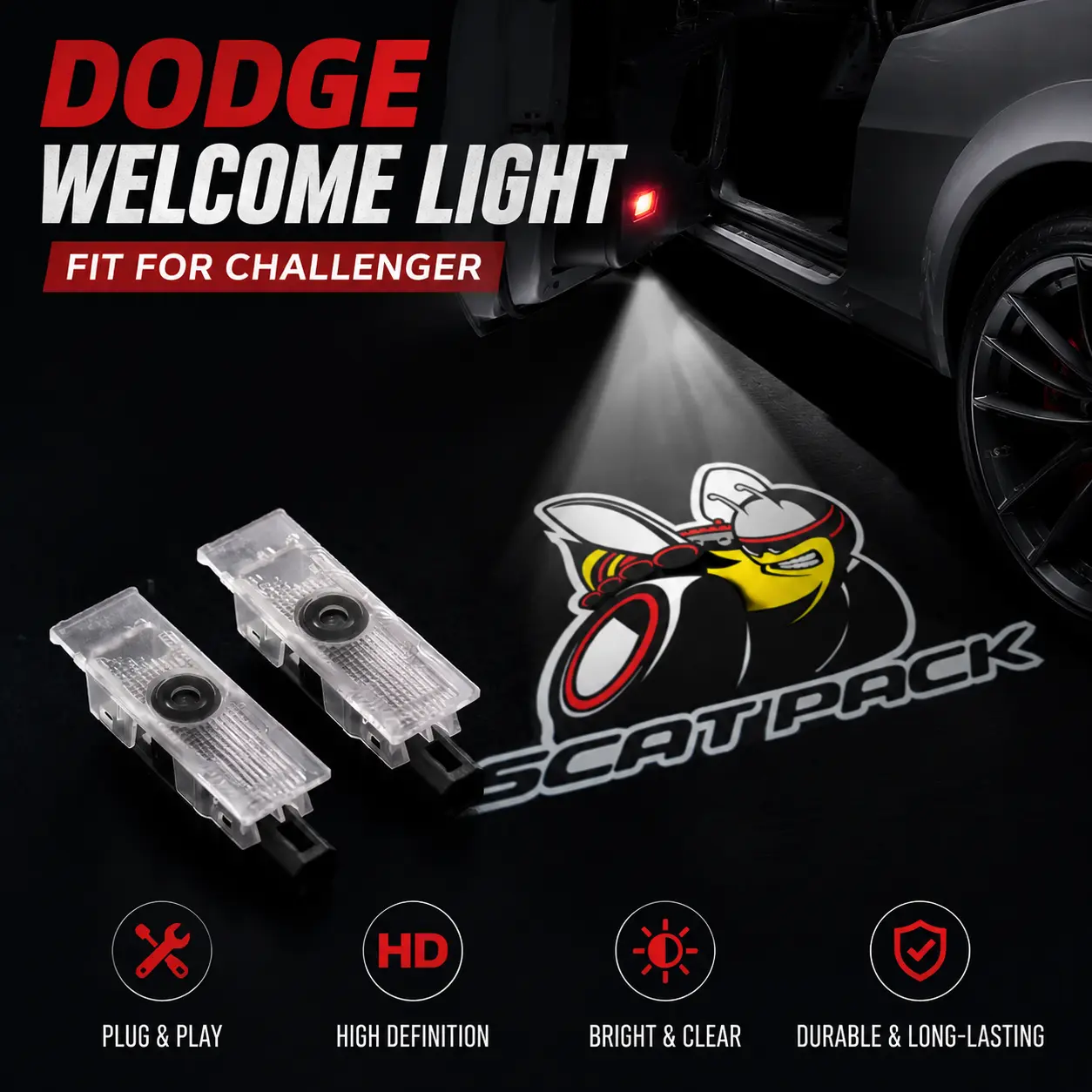 2 Pcs LED Door Puddle Lights for Dodge Charger & Challenger - HD Logo Projection Welcome Light (SRT Hellcat / Scat Pack / R/T), Car Puddle Lights, Car Logo Lights, Car Accessories Lamp, Car Light Embellishments