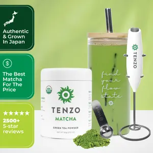 Tenzo Matcha Essentials Starter Kit- 60 Servings Ceremonial Organic Matcha Powder with Smooth, Vibrant, Savory Flavor, Stone Grind, Traditional Green Tea, Reusable Tin, Scooper, To-Go Glass