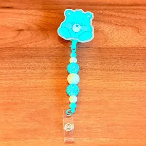 Teal Happy Bear Interchangeable Beaded Badge Reel, Emoji ID Holder, Rhinestone Acrylic Beads