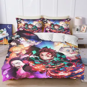 Demon Slayer bedding set, Decorative bedding set, down duvet cover with pillowcases, Breathable, featuring cartoon character prints and Japanese anime theme, suitable for decorating bedrooms (filler not included)