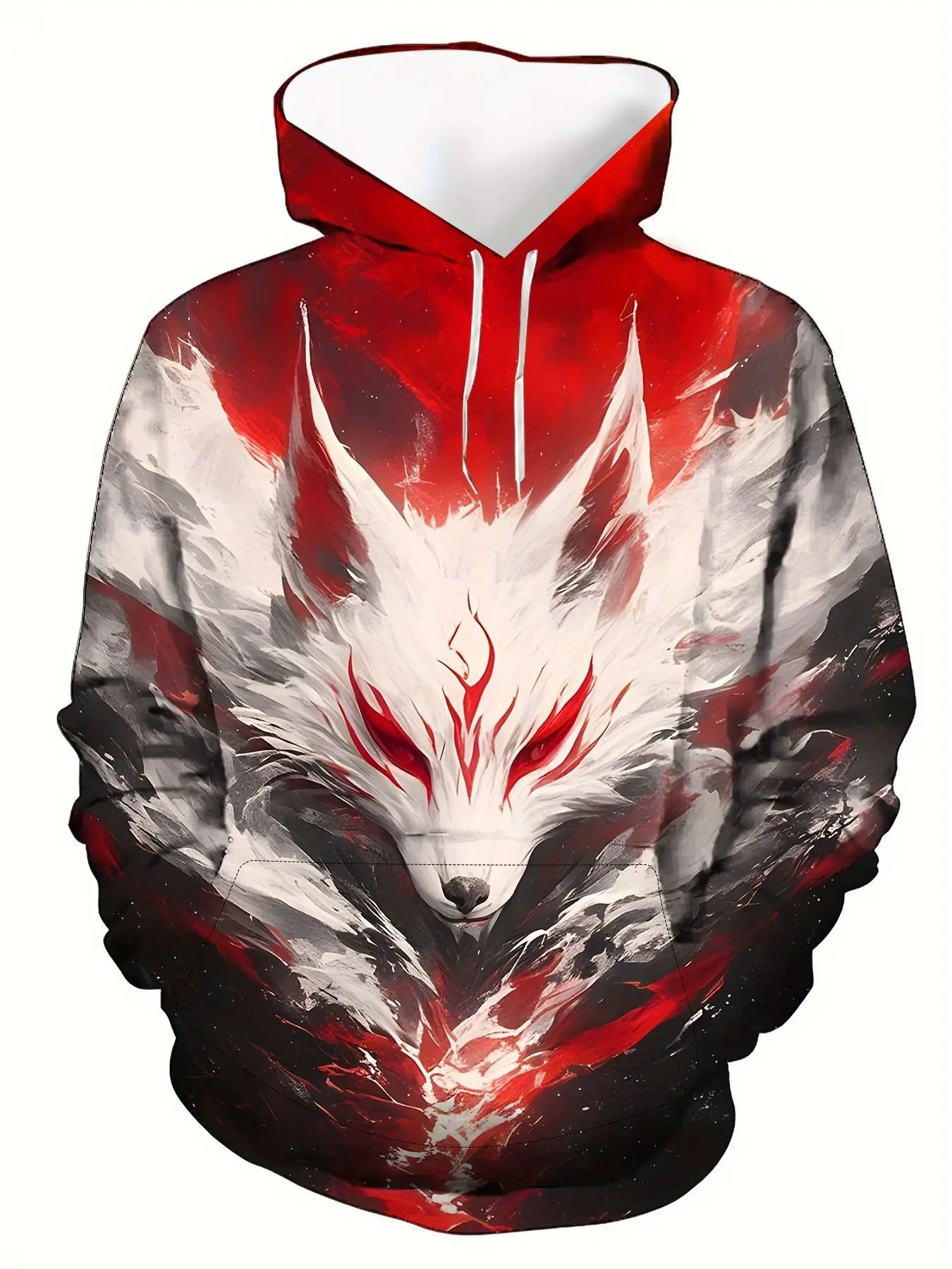 Novelty animal fox pattern design ink style men's kangaroo bag hooded sweater, warm and comfortable long-sleeved top in autumn and winter, daily casual street outdoor long-sleeved hoodie, Athletic Hoodie, Fashion Streetwear