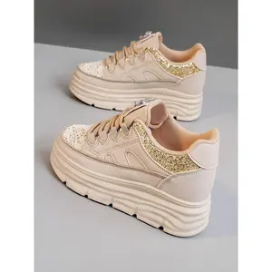 Women's Fashionable Glitter Lace Up Platform Sneakers, Casual Comfortable Breathable Sports Shoes, Female All-match Round Toe Chunky Sneakers for Daily Life, Girl, All Match Trainers