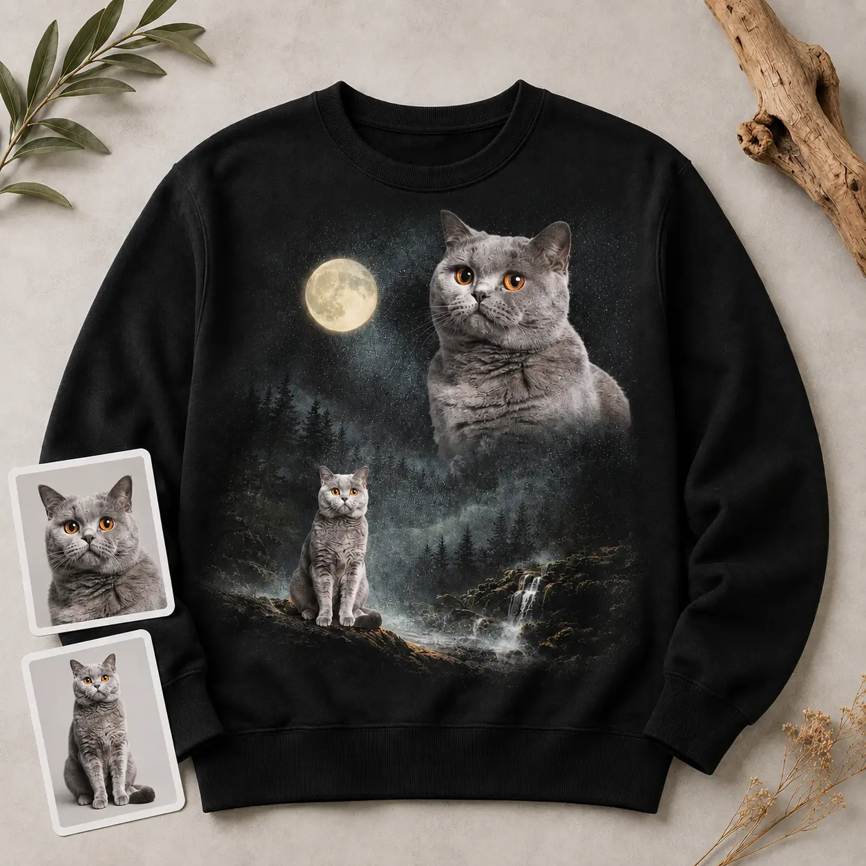 Custom Pet Photo Sweatshirt, Personalized Cat Crewneck, Full Moon Forest Design, Pet Parent Keepsake
