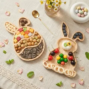 Wave Pattern Bunny Wood Tray, Easter Atmosphere Decor, Home Party Festival Table Snack Dessert Candy Fruit Decoration Tray, Non-Food Contact